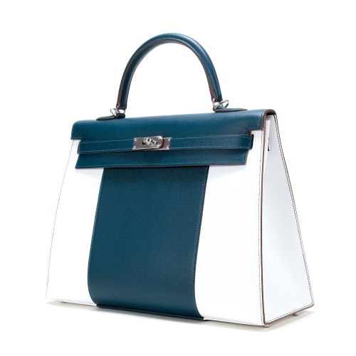 HERMES(愛馬仕) 藍(lán)白拼色皮質(zhì)Kelly 35兩用包