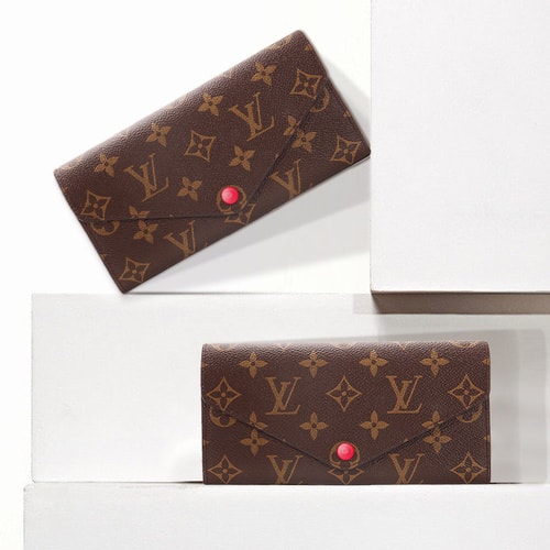Louis Vuitton/路易威登 老花色配玫紫色Monogram帆布女士三折錢(qián)包（含可拆卸手袋）M60708