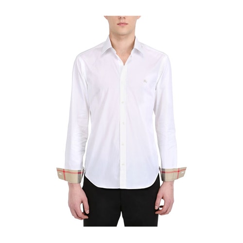 BURBERRY/博柏利 巴寶莉男士襯衫 高檔白色棉質(zhì)純色長(zhǎng)袖經(jīng)典格紋襯衣 【161111】