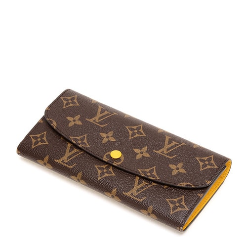 Louis Vuitton/路易威登 老花按扣長款女士錢包Emilie帆布/配皮 新款招財(cái)黃色