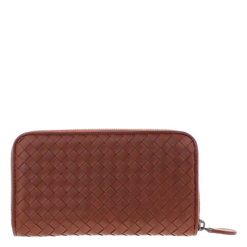 Bottega Veneta/葆蝶家 女士男士通用棕紅色羊皮編織長(zhǎng)款拉鏈錢(qián)包