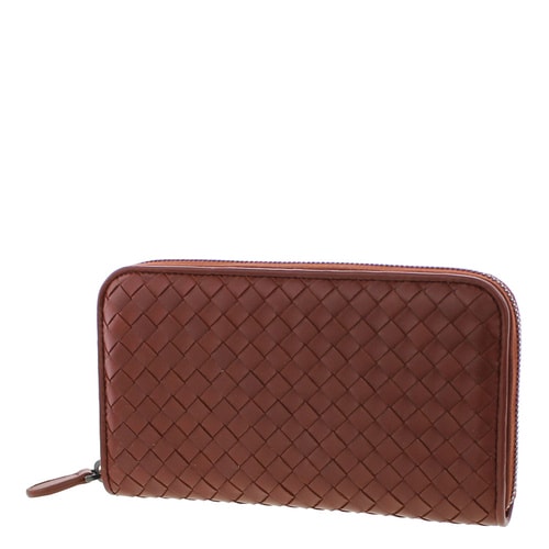 Bottega Veneta/葆蝶家 女士男士通用棕紅色羊皮編織長(zhǎng)款拉鏈錢(qián)包